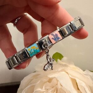 Floral-Inspired Italian Charm Bracelet with Dangle Butterfly Link